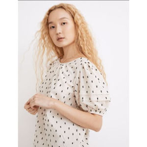 Madewell Tie Back Puff Sleeve Dotted Blouse Size 2X Cream Colored Black Dot